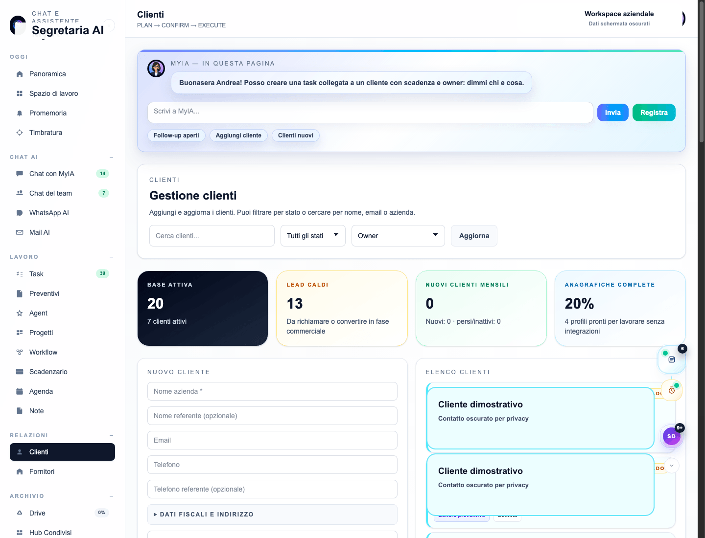 Schermata reale sanificata del modulo clienti di Segretaria AI OS
